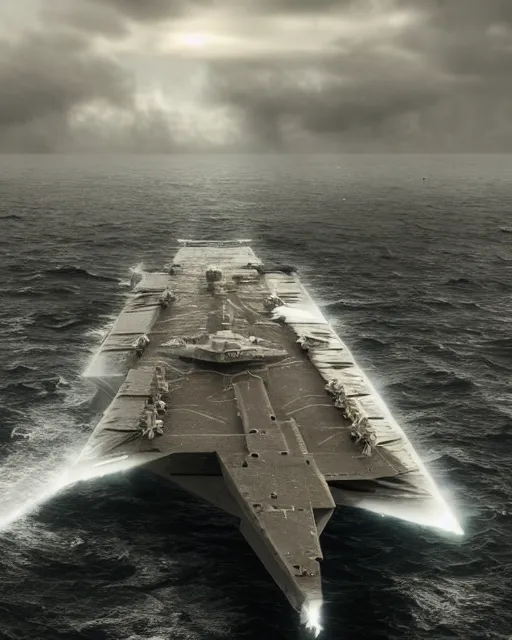 Image similar to view from an aircraft carrier of stormy seas, a gigantic star destroyer spaceship flying overhead, stormy weather, unreal engine, hyper realism, realistic shading, cinematic composition, realistic render, octane render, detailed textures, photorealistic, ultrawide shot, 16mm lens