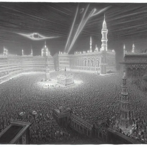 Image similar to painting of the kaaba on hajj day, highly detailed, volumetric lighting, god rays, by gustave dore and john collier