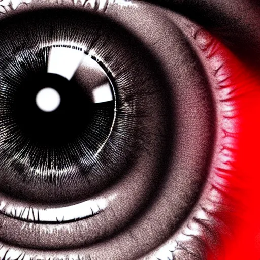 Image similar to a detailed extremely close up of inside the iris, cornea, red image, microscopic, extremely close up drawing by junji ito, cgsociety, generative art, lovecraftian, parallax, cosmic horror, extremely detailed, hyperrealism, unreal engine, octane render, award winning, masterpiece, highly detailed, realistic, 4 k, digital