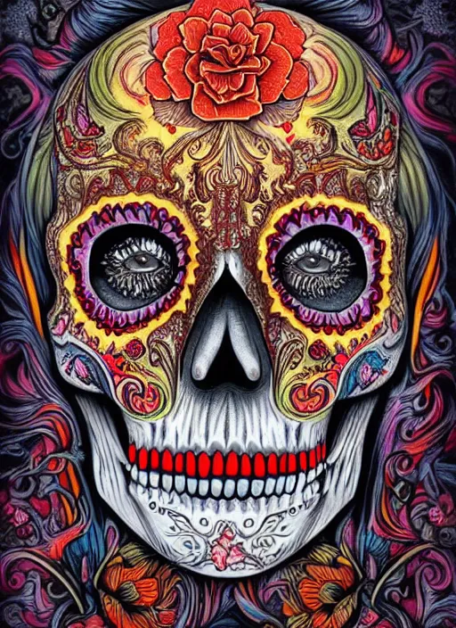 Prompt: portrait of a sugar skull, flaming eyes, intricate, highly detailed, smooth, digital illustration, the dark and quirky art of scott radke