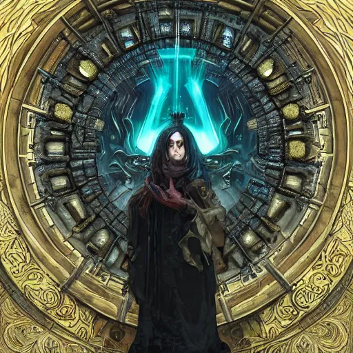 Image similar to hyper realistic portrait of a Necronomicon demon character in a hell portal in a film, art by artery and Greg Rutkowski and alphonse mucha, sci-fi, fantasy, intricate, ornate, very very beautiful, elegant, highly detailed, digital painting, artstation, concept art, smooth, sharp focus, illustration