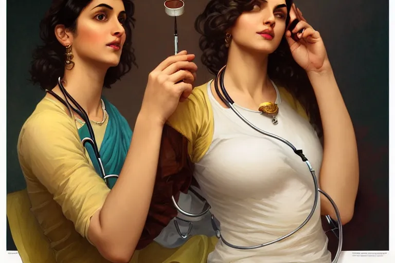 Image similar to sensual pale beautiful indian doctor in jeans with stethoscope, art deco portrait, elegant, intricate, digital painting, artstation, concept art, smooth, sharp focus, illustration, art by artgerm and greg rutkowski and alphonse mucha