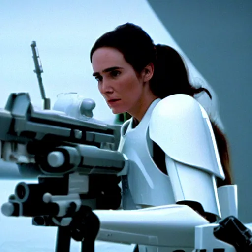 Image similar to a still of jennifer connelly shooting on stormtroopers in the empire strikes back (1980) - W 1080