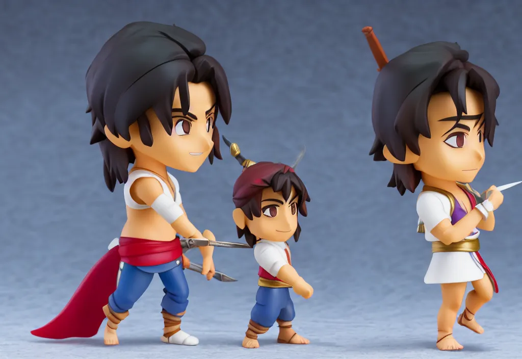 Prompt: side view of a walking young aladdin with arabian sword as nendoroid, 8 k, hd, dof, kodak film, volumetric lighting, subsurface scattering, photorealistic, octane render