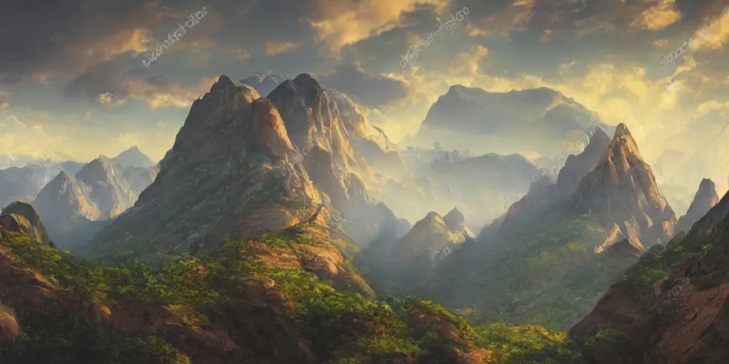 Image similar to beautiful matte painting of large mountains and canyons, fantasy