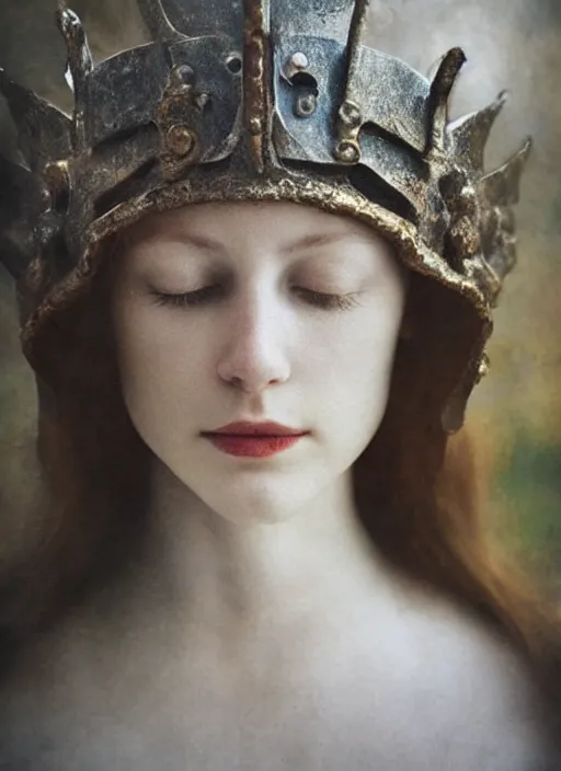 Prompt: medieval helm!, out of focus!!!! photorealistic portrait of a beautiful pale woman by saul leiter, very blurry!!!!, translucent white skin, closed eyes, foggy, pale lips