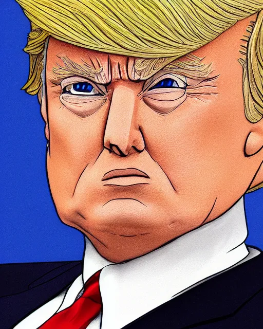 Prompt: a close - up portrait of donald trump, anime style by studio ghibli and toei, highly detailed, trending on artstationhq