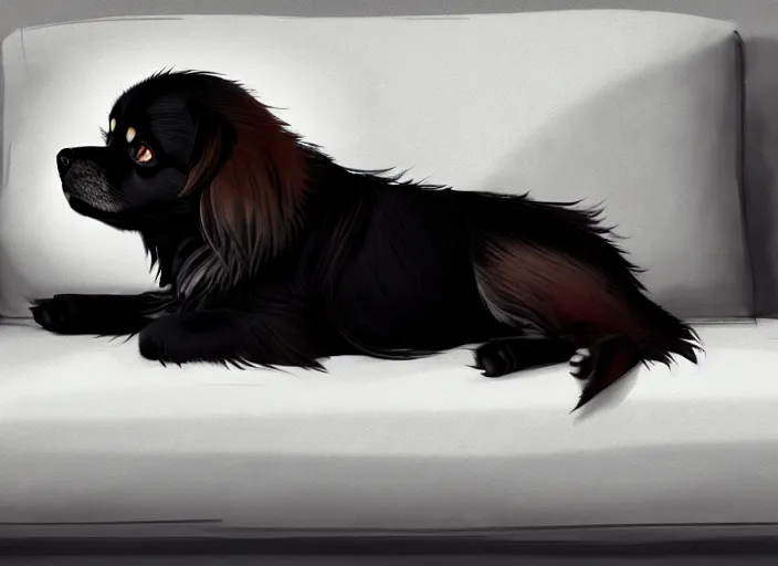 Image similar to a wholesome animation key shot of a black tibetan spaniel, sleeping on a leather couch, studio ghibli, pixar and disney animation, sharp, rendered in unreal engine 5, anime key art by greg rutkowski, bloom, dramatic lighting