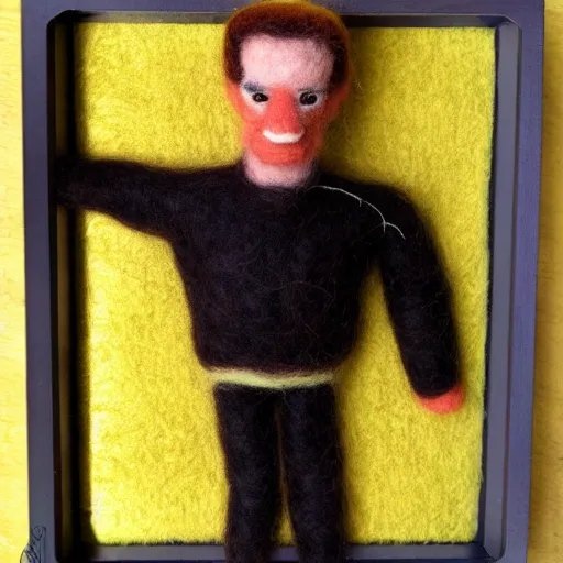 Prompt: a needle felted arnold schwarzenegger, needle felting art.