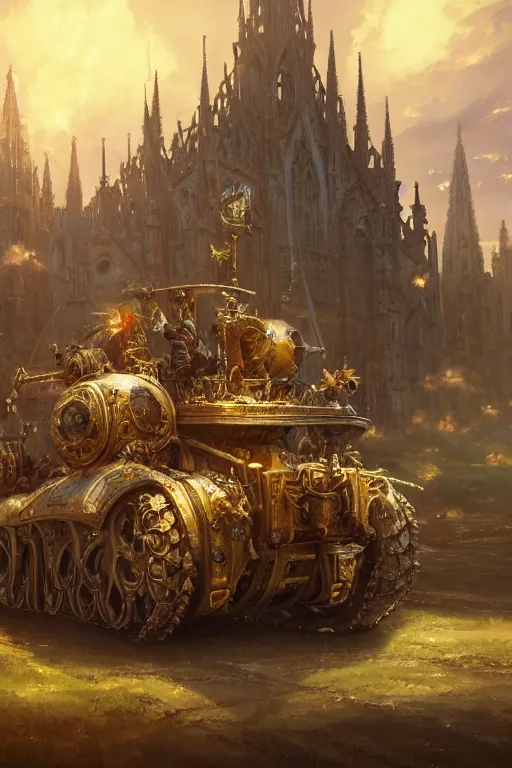 Image similar to a mobile driving ornate cathedral church mounted on a tank with chain drive, warhammer 4 0, scene in an open field. key visual, conceptart, ambient lighting, highly detailed, digital painting, artstation, concept art, sharp focus, by makoto shinkai and akihiko yoshida and kris kuksi