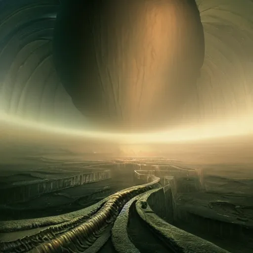 Image similar to The world is labyrinthine beyond possibility of imagining, inhabited on many levels by alien intelligence, infinite in extent, staggering in its beauty, terrifying in its weirdness, endlessly satisfying and peculiar, by Giger and John Constable and Bruce Pennington, cinematic lighting, hyper realism, high detail, octane render, 8k, iridescent accents