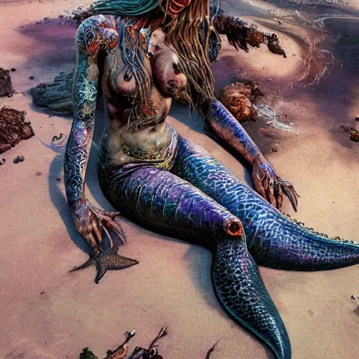 Prompt: a sad mermaid smothered in motor oil and thrash, ultra realistic, concept art, intricate details, highly detailed, photorealistic, octane render, 8 k, unreal engine, art by frank frazetta, simon bisley, brom