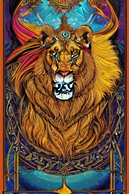 Image similar to beautiful and colorful fractal tarot card featuring an ornate, realistic, and regal viking lion by Dan Mumford, by Jim Fitzpatrick, by joe wilson, featured on deviant art, trending on artstation