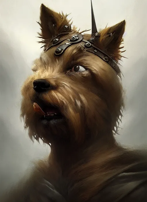 Image similar to norwich terrier as an viking, backround dark, highly detailed, digital illustration, trending in artstation, modern painting, smooth, sharp focus, intricate, by peter mohrbacher