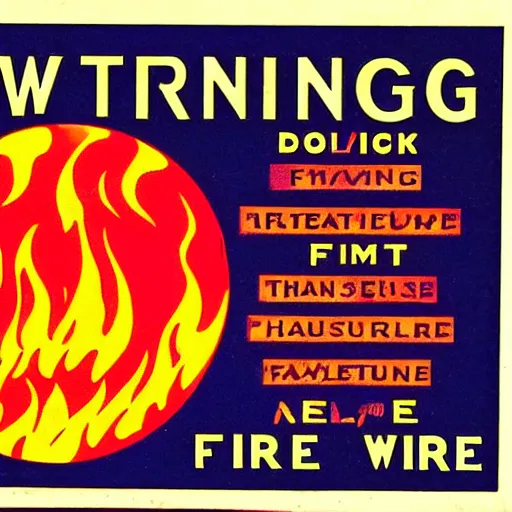 Prompt: vintage windy fire flame warning label