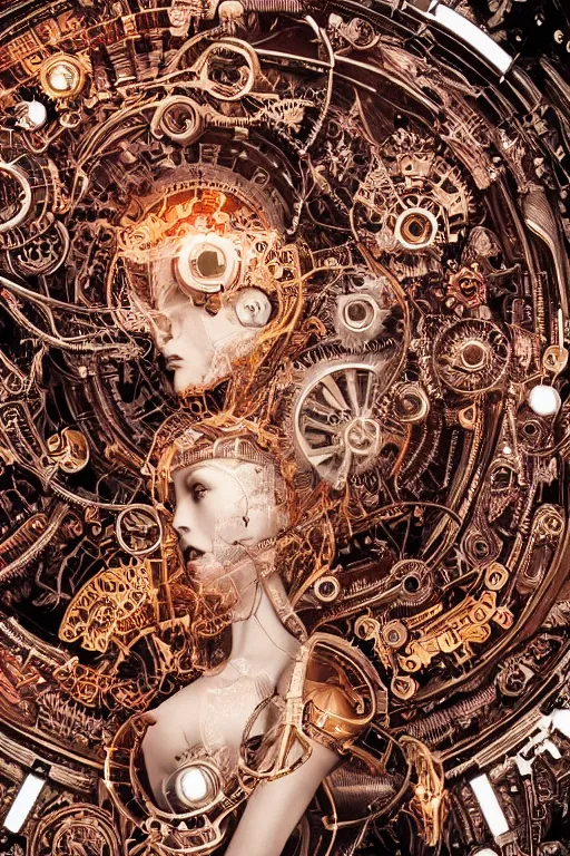 Prompt: a beautiful mechanized feminine android goddess of the quantum realm, westworld, photorealistic, intricate detail, elaborate machinery, clockwork, torn tapestry, swirling smoke, ember particles, regal design, royal relief