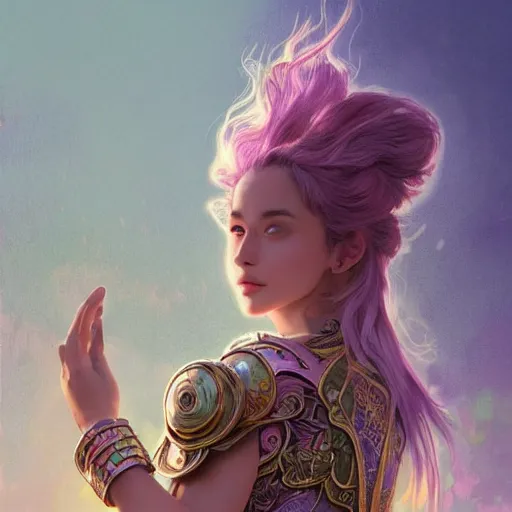 Prompt: portrait knights of Zodiac girl, metalic pink and pastel purple reflected armor, in ruined Agora of Athens sunset, ssci-fi, fantasy, intricate, very very beautiful, elegant, golden light, highly detailed, digital painting, artstation, concept art, smooth, sharp focus, illustration, art by tian zi and WLOP and alphonse mucha