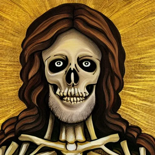 Image similar to a detailed painting of Jesus Christ skeleton standing with a background of apocalypse on earth