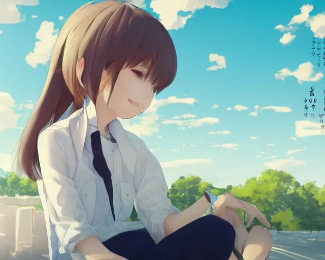 Image similar to teen looking at blue sky, wearing white shirt, back turned, looking up, illustration, by pine ( ハイネ ) and 薯 子 imoko and 香 川 悠 作 and wlop and maya takamura, highly detailed, trending artstation, pixiv, digital art