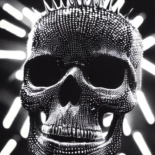 Image similar to a disco skull full of long spikes, reflecting light in a nightclub, grainy film photograph