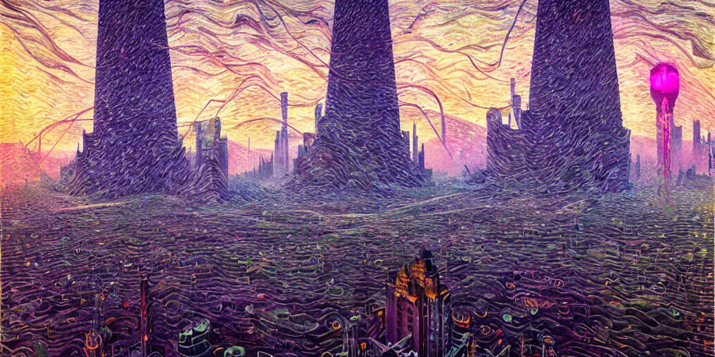 Prompt: Crystal Tower by Simon Stålenhag and Umberto Boccioni, oil on canvas