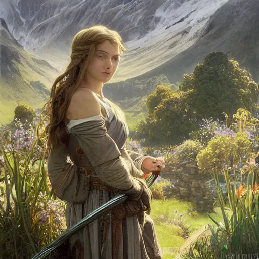 Image similar to a lord of the rings village in large new zealand landscape, shiny colors, high - key lighting, beautiful composition, intricate, elegant, pro photography by, highly detailed, art by artgerm and greg rutkowski and alphonse mucha