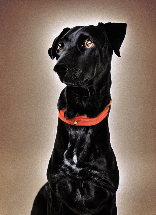 Image similar to a lumpy black dog, white hairs, short, fat, mutt, pitt, lab, photorealistic leica s photograph, kodachrome, psychedelic, platon