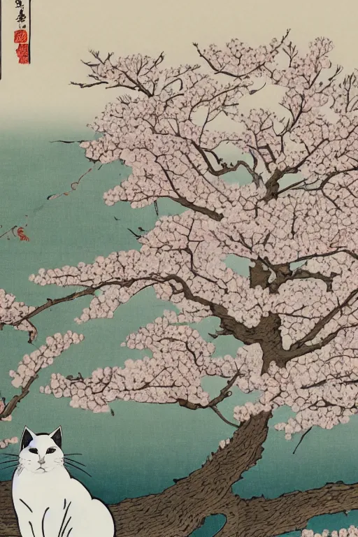 Prompt: white cat in sakura tree in the style of Utagawa Hiroshige, high resolution 4k