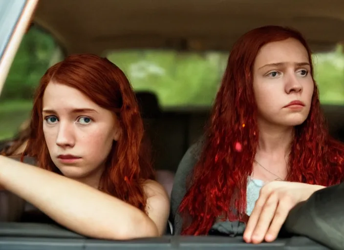 Image similar to A very high resolution image from a new movie, inside of a car, teen red hair woman, raining, hot, directed by wes anderson