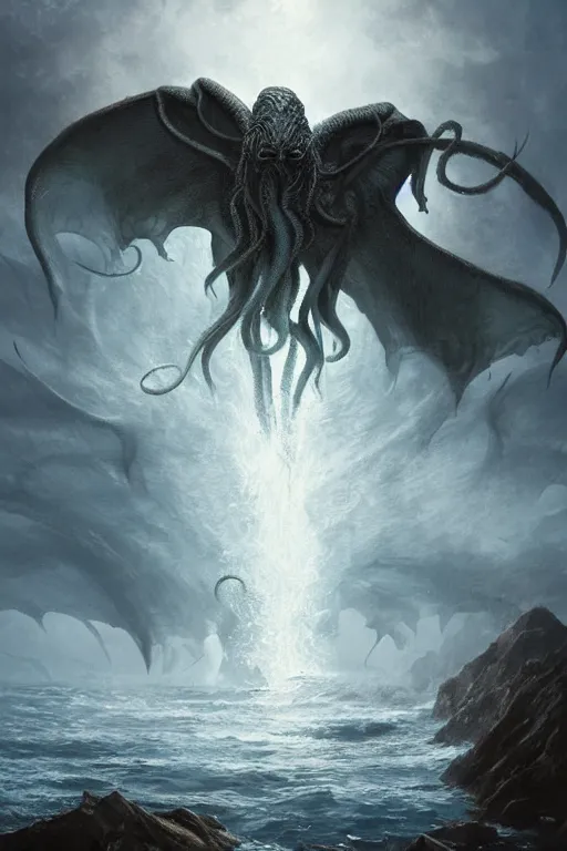 Image similar to cthulhu emerging from the ocean with wings spread, digital art, magic the gathering, a mountain walked or stumbled, mtg, by greg rutkowski, trending on artstation