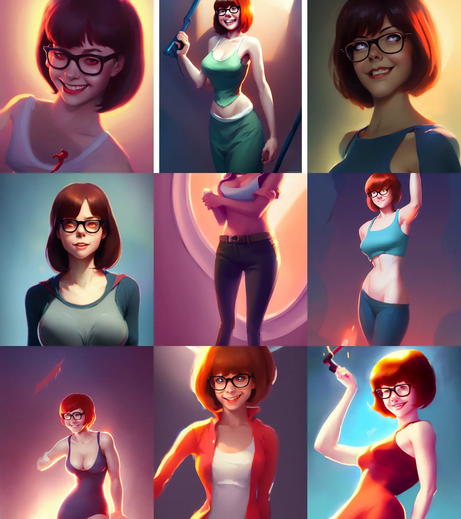 Prompt: attractive Velma from Scooby Doo, hourglass slim figure, medium shot close up, seductive smile, details, sharp focus, illustration, by Jordan Grimmer and greg rutkowski, Trending artstation, pixiv, digital Art