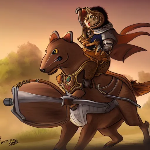 Prompt: hamster knight riding his trusty cat steed into battle, digital fantasy art, high resolution