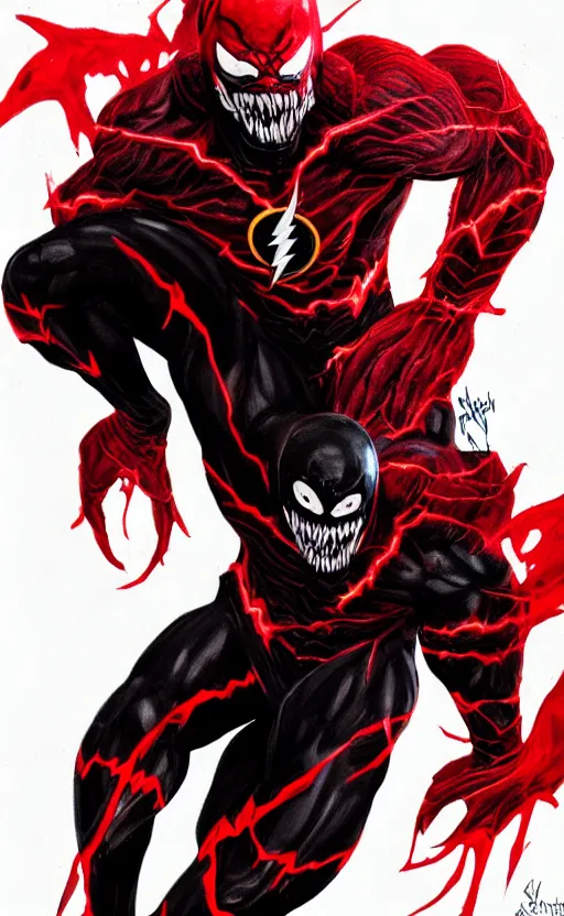 Image similar to full body portrait of venom as the flash, black and red, dynamic lighting, cinematic, ultra detailed, trending on art station, stunning visuals, creative, fantasy concept art