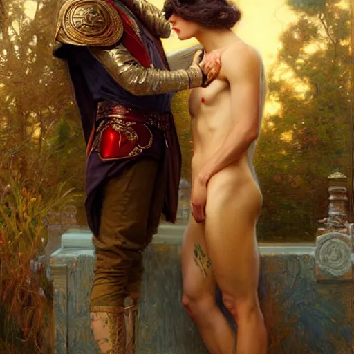 Image similar to attractive fully clothed king confesses his love for his attractive fully clothed male prince. highly detailed painting by gaston bussiere, tom bagshaw, j. c. leyendecker