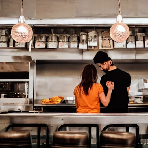 Image similar to a young couple standing on top of the counter at a diner