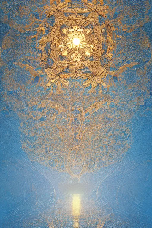 Image similar to floral and gear art deco abstract patterns, blue and gold, 8 k, powerfull, intricate, elegant, volumetric lighting, digital painting, highly detailed, artstation, sharp focus, illustration, concept art, ruan jia, steve mccurry, beksinski