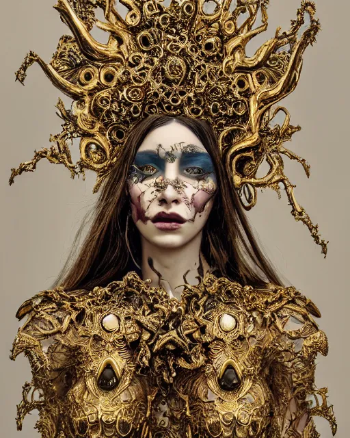 Prompt: a portrait of female by stefan geselle and nekro borja, photorealistic, intricate details, hyper realistic, fantasy, elegant, baroque metal gold headpiece, photorealistic, canon r 3, photography, wide shot, symmetrical features, wide angle shot, head to toe, standing pose, feet on the ground, wearable art