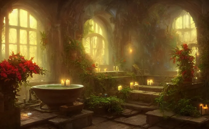 Image similar to painting of an interior of a bath house with candles, fantasy, lush plants and flowers, natural light, concept art, by greg rutkowski and craig mullins, cozy atmospheric and cinematic lighting, trending on artstation