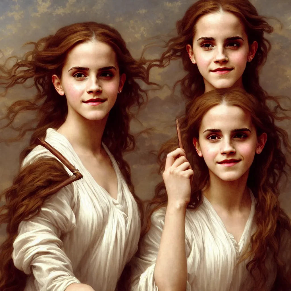 Image similar to Painting of Emma Watson as Hermione Granger. Wearing Hogwarts!!! robes!!!. Smiling. Happy. Cheerful. Art by william adolphe bouguereau. During golden hour. Extremely detailed. Beautiful. 4K. Award winning.