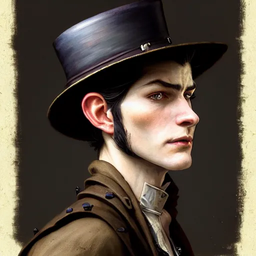 Prompt: portrait painting of a badass young man with a worn bowler hat and primitive armor, gaslamp fantasy, victorian, ultra realistic, concept art, intricate details, eerie, highly detailed, photorealistic, octane render, 8 k, unreal engine. art by artgerm and greg rutkowski and charlie bowater and magali villeneuve and alphonse mucha