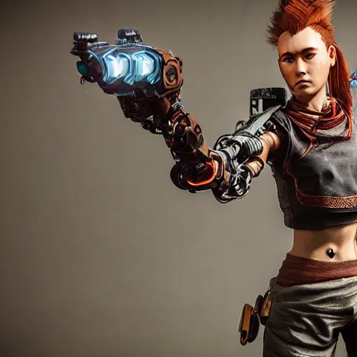 Prompt: aloy from hzd but fully robotic. Highly detailed cyberpunk style