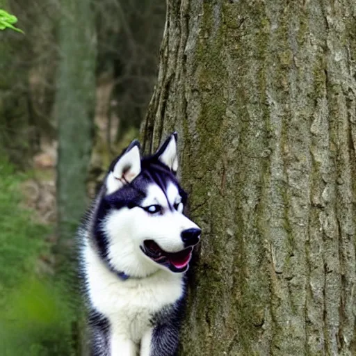 Prompt: husky stuck in an extremely tall tree