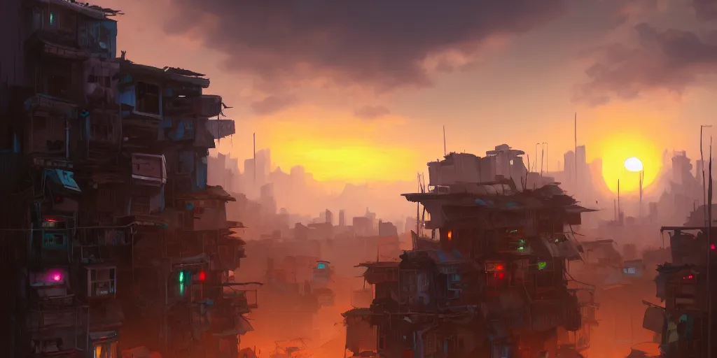 Prompt: Andreas Rocha painting of a cyberpunk African favela, hazy sunset with dramatic clouds, deep blues, wide angle lens, asymmetrical, trending on Artstation, High quality image