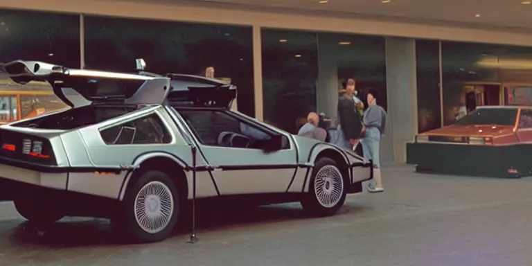 Image similar to Photoreal Cinematography of a photorealistic Delorean Time Machine From Back To The Future Parked in Twin Pines Mall in 1985 with one door open