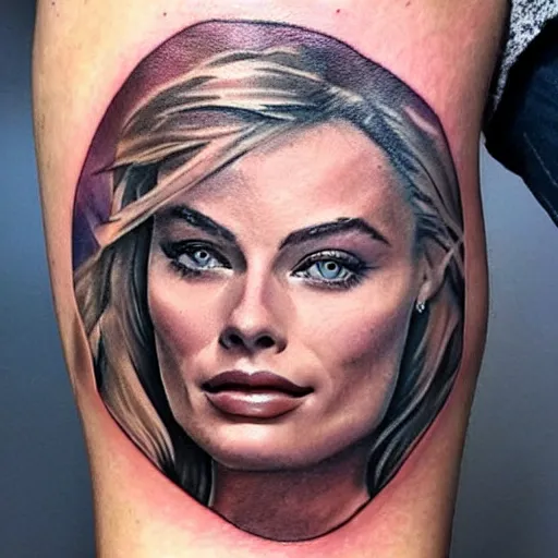 Image similar to face morph tattoo design of margot robbie and beautiful mountain scenery, in the style of arlo dicristina, amazing detail, mash up