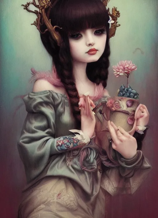 Image similar to pop surrealism, lowbrow art, realistic cute girl painting, japanese street fashion, hyper realism, muted colours, rococo, natalie shau, loreta lux, tom bagshaw, mark ryden, trevor brown style,