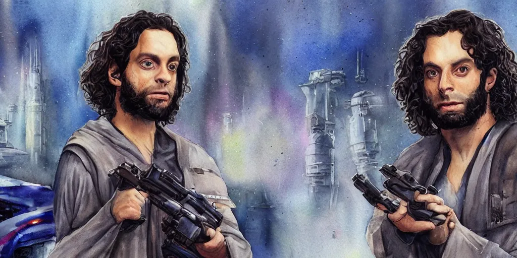 Image similar to a realistic star wars watercolor fantasy concept cart of chris d'elia as a drug dealer in a sleazy futuristic city of coruscant, hq, 4 k