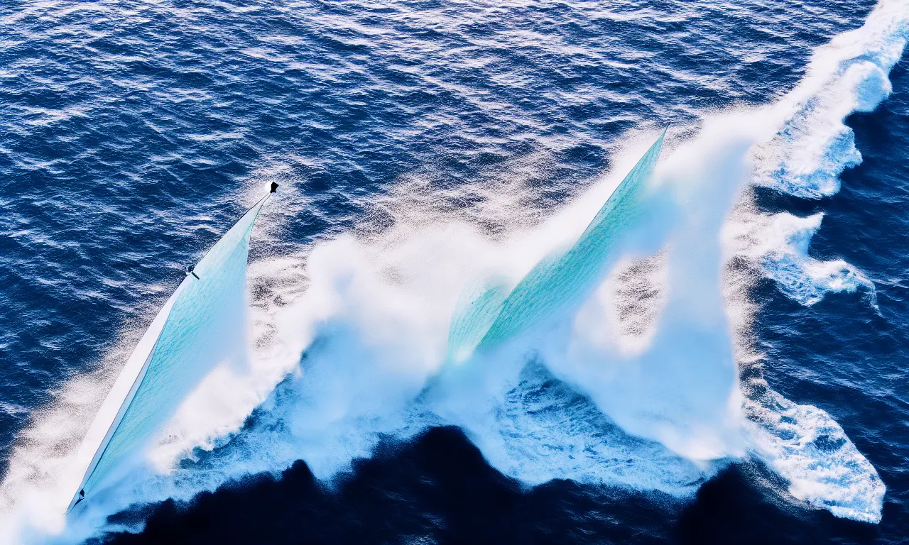 Image similar to sailing yacht breaking wave at open sea , dramatic camera angle, close up, by national geographic blue earth, high speed photography, octane render, 4k, award winning photography