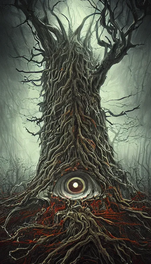 Image similar to a storm vortex made of many demonic eyes and teeth over a forest, by sam spratt