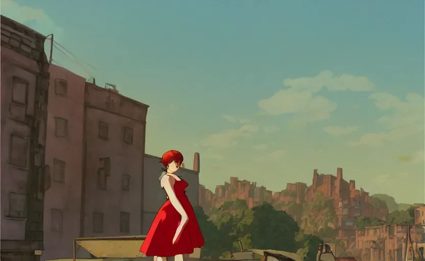 Image similar to a girl with a red skirt on the background of a ruined city, early morning, dieselpunk, by Studio Ghibli and Edward Hopper